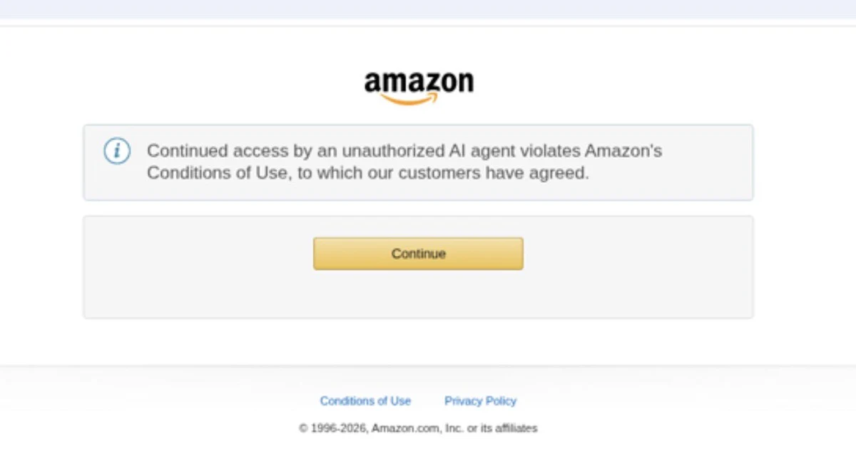 Screenshot of an Amazon page with the Amazon logo and a notice reading "Continued access by an unauthorized AI agent violates Amazon's Conditions of Use, to which our customers have agreed," above a yellow Continue button
