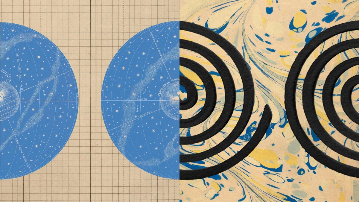 Anthropic's illustration for the post: two blue star-chart hemispheres on graph paper on the left, and two black spirals over blue and yellow marbled paper on the right.