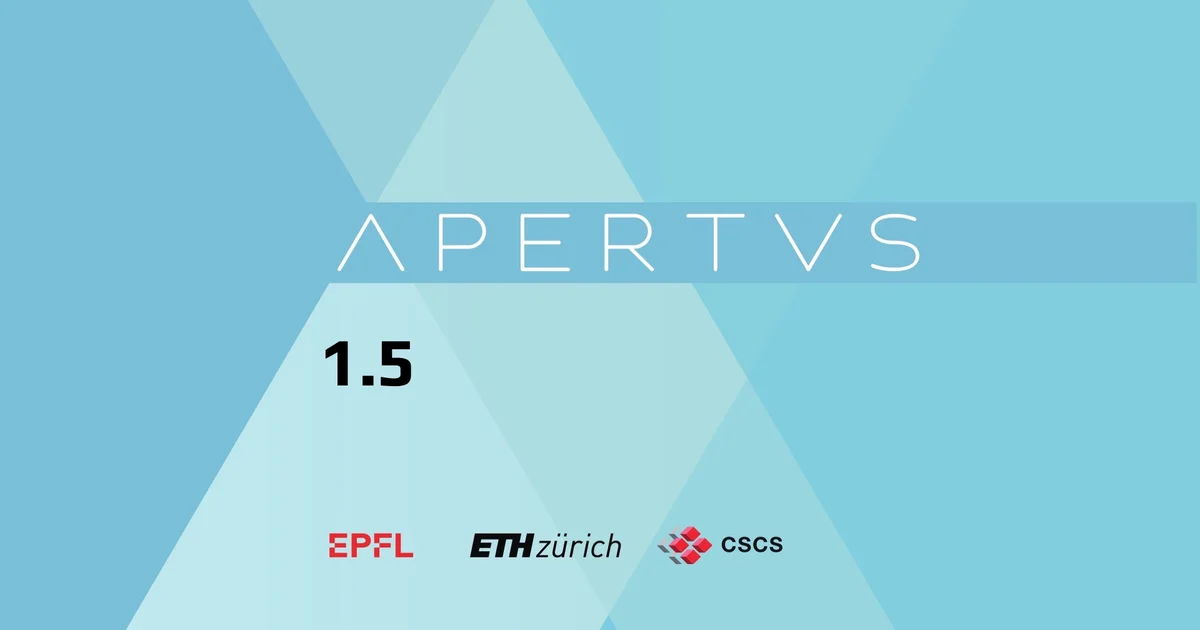 Apertus 1.5 title card: APERTVS wordmark and 1.5 on a light blue geometric background, with EPFL, ETH Zürich and CSCS marks along the bottom