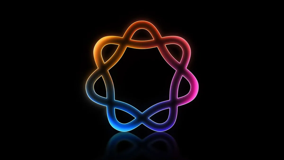 The Apple Intelligence logo, a glowing looped ring shading from orange to pink to blue, on a black background