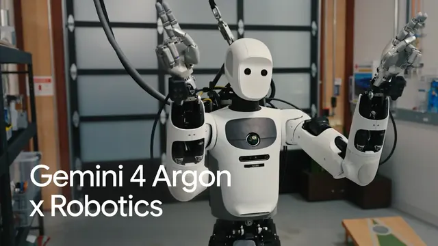 Apptronik's Apollo humanoid robot with both arms raised in a workshop, a cornhole board behind it, captioned "Gemini 4 Argon x Robotics"