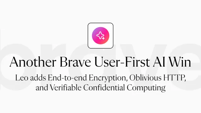 Brave blog card: Leo icon and headline about end-to-end encryption and verifiable confidential computing