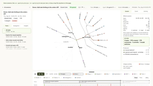 Entelligence's agentplay viewer replaying a demo Claude Code session: a radial map of files, tools, models and subagents in the center, a task list on the left, session details on the right and a replay timeline underneath