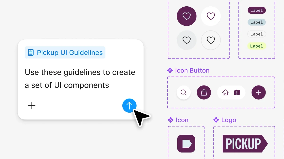 Figma interface showing a Pickup UI Guidelines spec with the prompt 'Use these guidelines to create a set of UI components' next to icon buttons, icons and a Pickup logo.