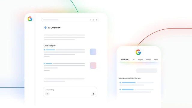 Google illustration of AI Overview on desktop and AI Mode on mobile, with blue inline-link bars in the response text
