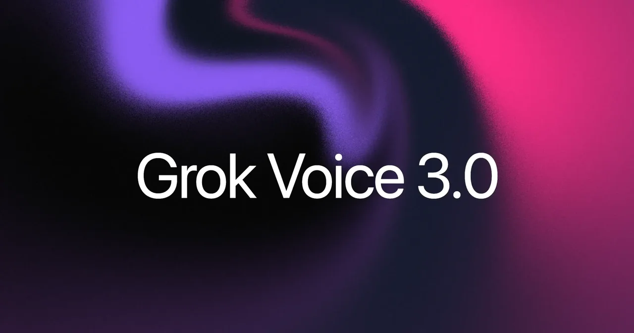 Dark abstract banner with purple and pink wavy bands and the words Grok Voice 3.0 in white