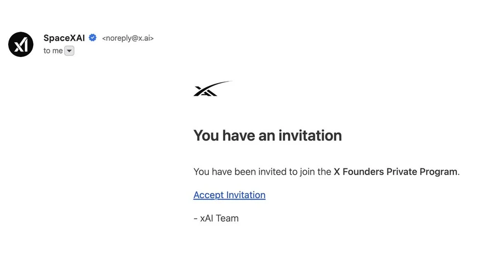 Screenshot of an email from SpaceXAI <noreply@x.ai> with a verified badge, inviting the reader to the X Founders Private Program with an Accept Invitation link.