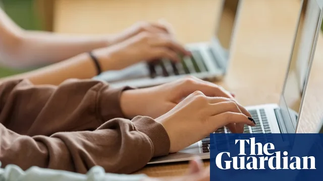 Guardian photo: close-up of young people's hands typing on laptops, with The Guardian logo