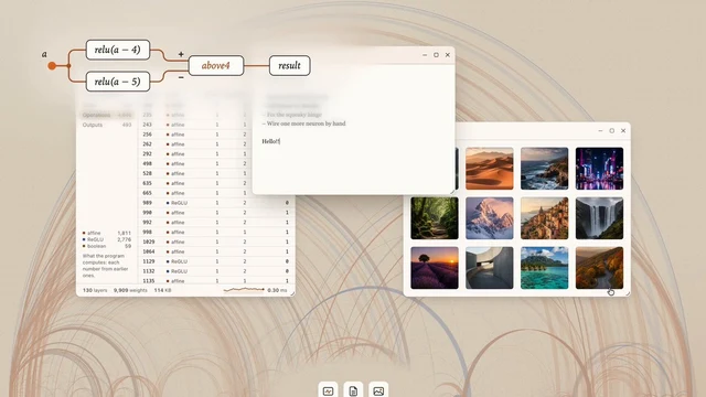 Handwired demo: a small graph turning a into relu(a - 4) and relu(a - 5) feeding an above4 node, over windows listing network layers and a photo grid