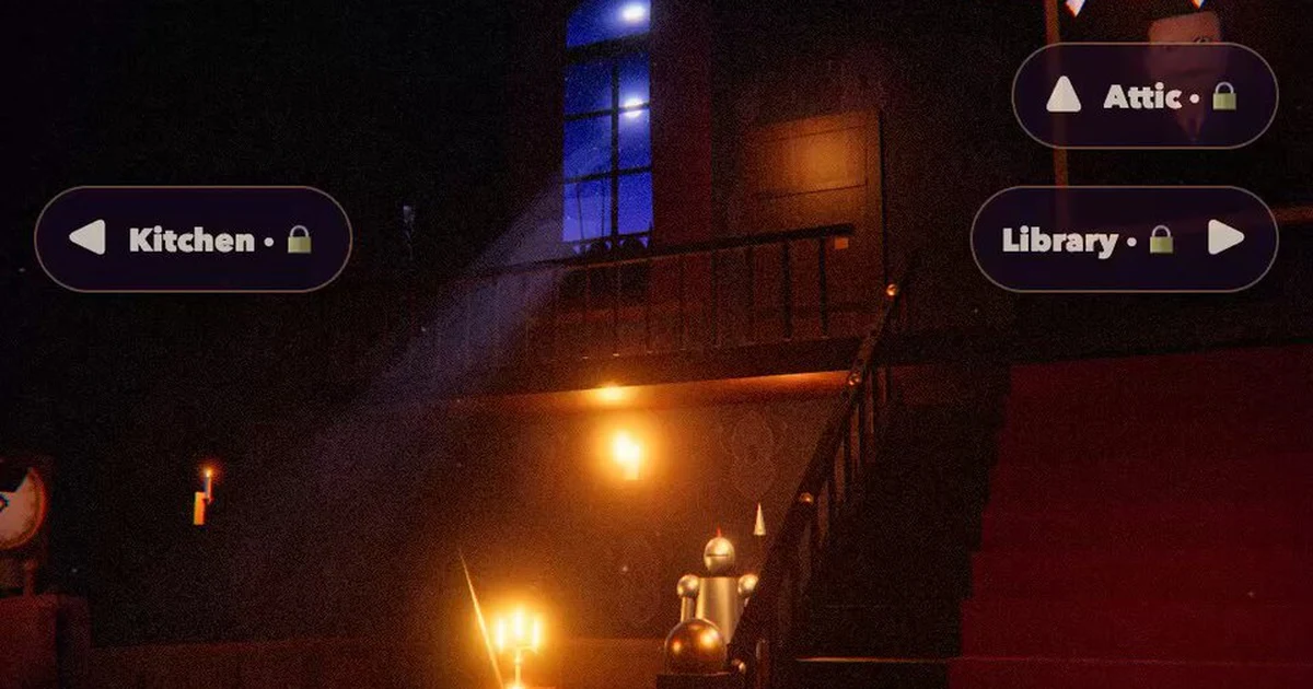 Haunted Mansion Escape gameplay: a dark mansion hall with a moonlit window, a staircase with a red carpet, a lit candle, and buttons for the locked Kitchen, Library and Attic