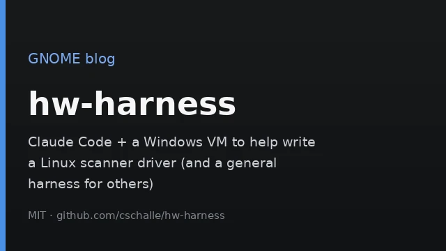 Neutral AgentPlays card: GNOME blog, hw-harness, Claude Code plus a Windows VM to help write a Linux scanner driver