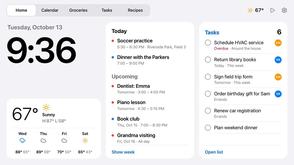 kitchen-frame home screen in light mode with clock, weather, today's events and tasks; the README says all data shown is invented demo data