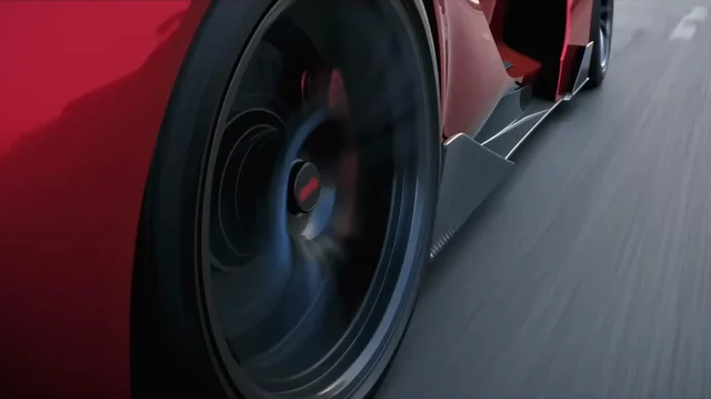 Kling 4.0 feature page hero still: close-up of a red sports car wheel speeding along a road