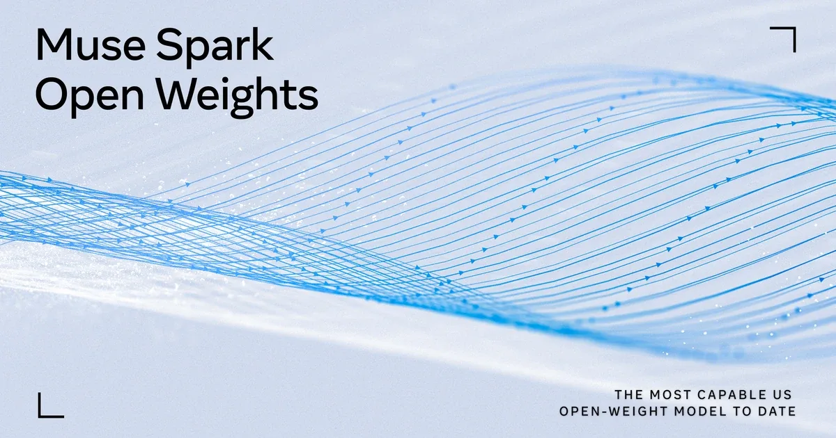 Meta graphic reading "Muse Spark Open Weights" and "The most capable US open-weight model to date" over flowing blue lines on a pale background