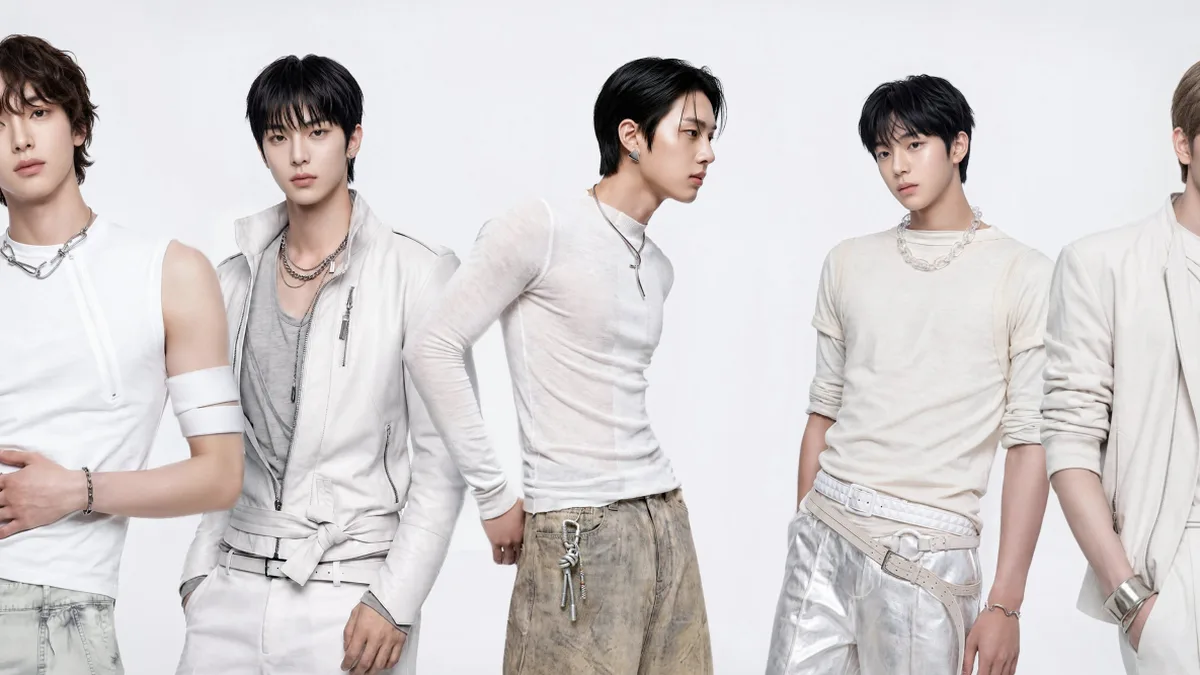 The five AI-generated members of muuo:23 posing side by side in white and cream outfits against a pale gray background