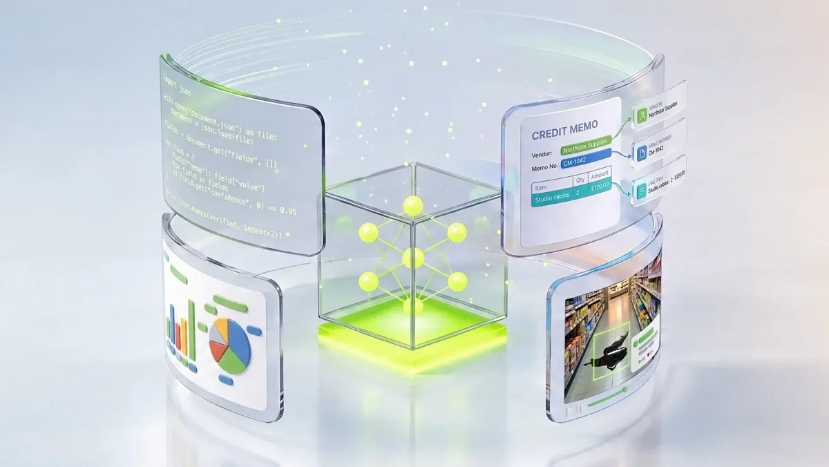 NVIDIA illustration of a glowing green neural-network cube surrounded by glass panels showing code, a chart, a credit memo with extracted fields, and a store-shelf video frame