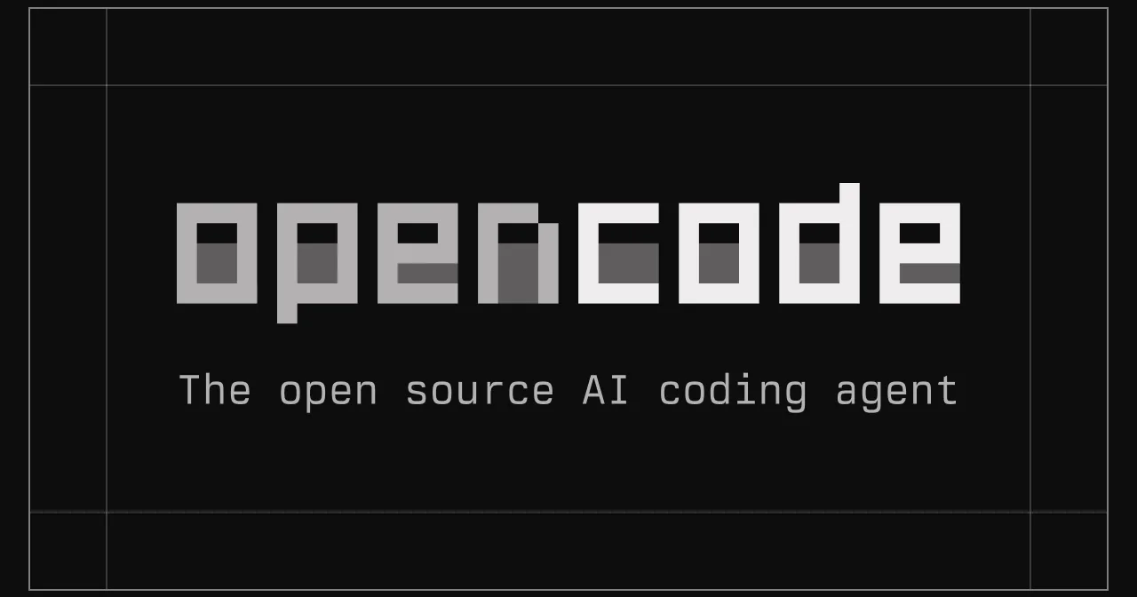 OpenCode logo and tagline “The open source AI coding agent” on a dark gray technical grid background