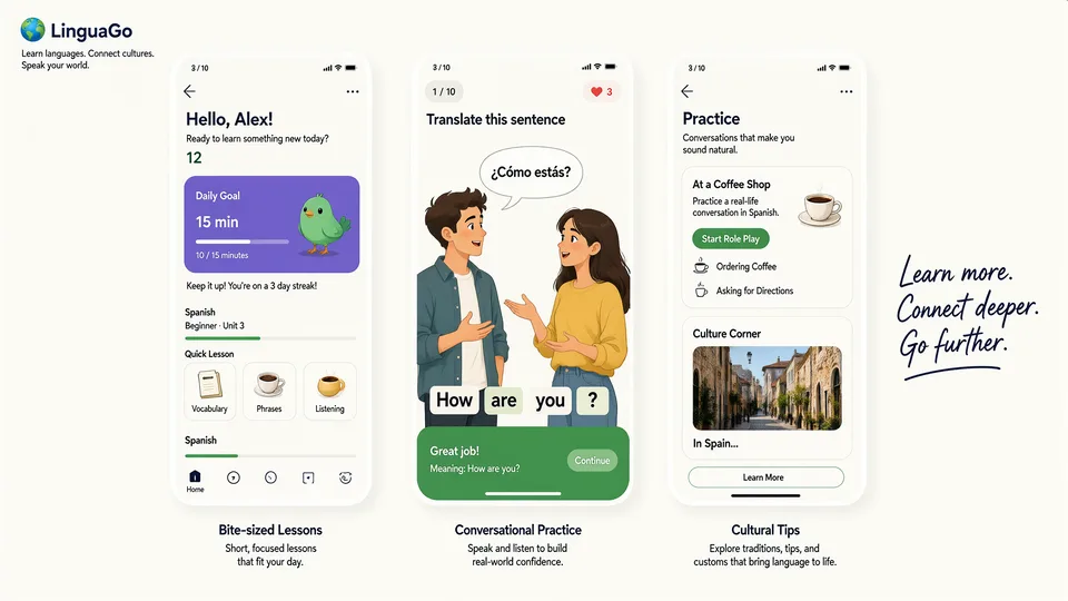 Sample output from the model card: a mock-up of a language-learning app called LinguaGo, with three phone screens showing a lesson, a cartoon conversation practice and culture tips