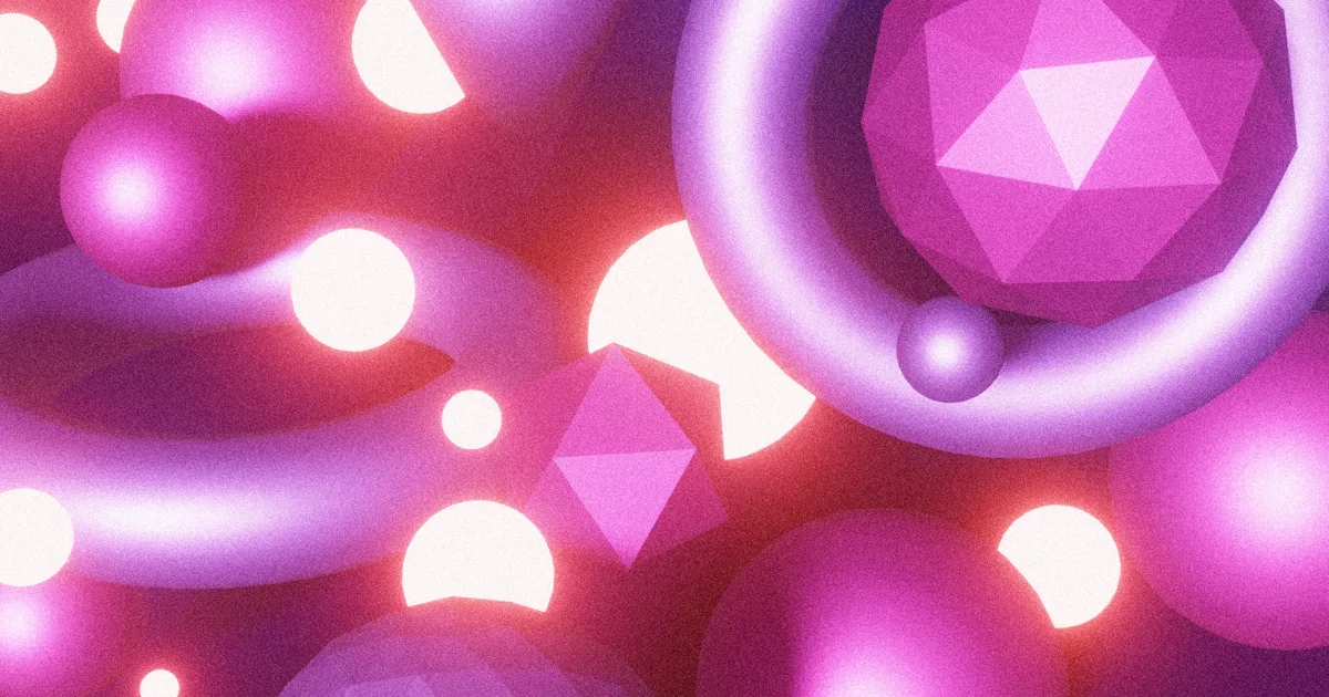 Abstract illustration of glowing pink and purple spheres, rings and faceted geometric shapes with bright white circles, from the Simons Foundation announcement