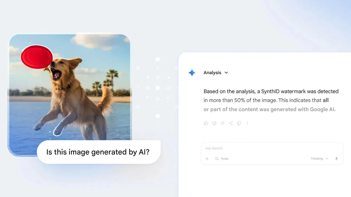 Google graphic: a golden retriever leaping for a red frisbee, captioned "Is this image generated by AI?", beside a Gemini analysis panel saying a SynthID watermark was detected in more than 50% of the image