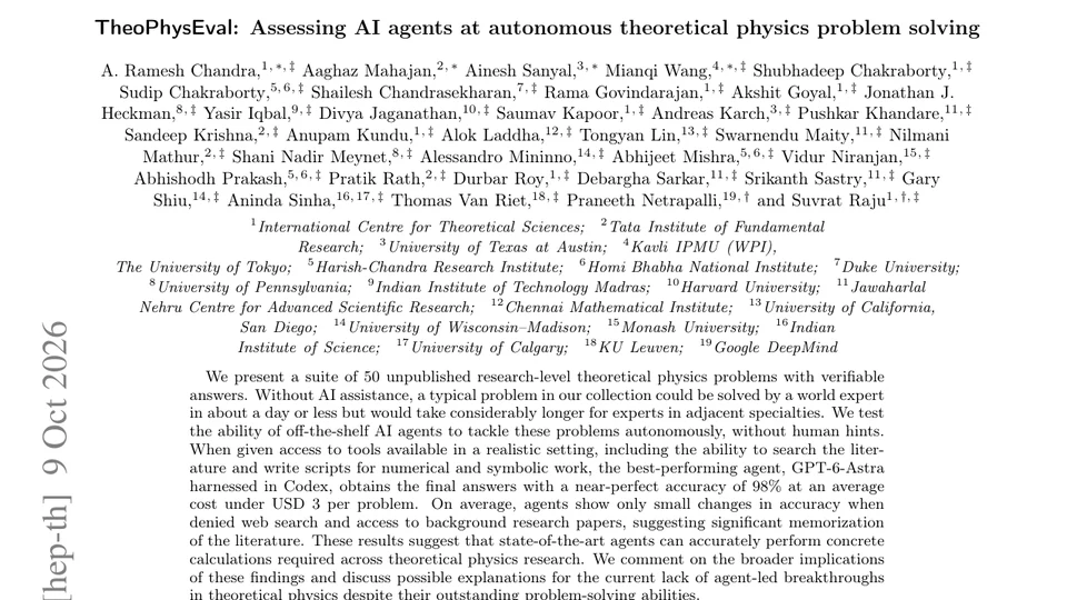 First page of the paper 'TheoPhysEval: Assessing AI agents at autonomous theoretical physics problem solving', with the author list, affiliations and abstract