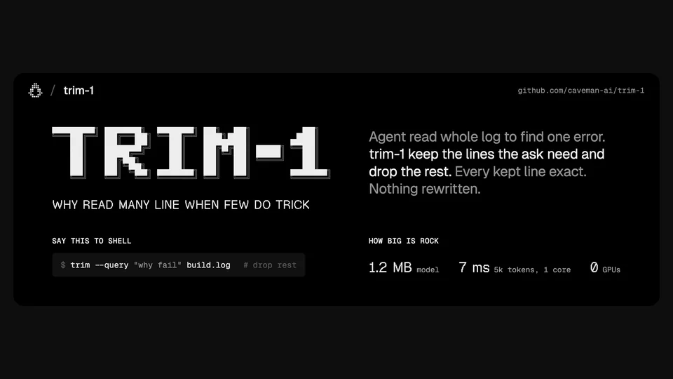 trim-1 repo banner: pixel-letter TRIM-1, "Why read many line when few do trick", an example trim --query command and the author's 1.2 MB, 7 ms, 0 GPUs figures