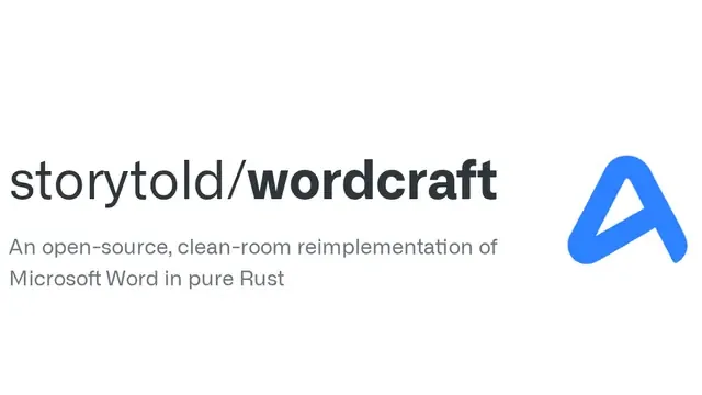 GitHub preview card for storytold/wordcraft: "An open-source, clean-room reimplementation of Microsoft Word in pure Rust", with a blue A-shaped logo