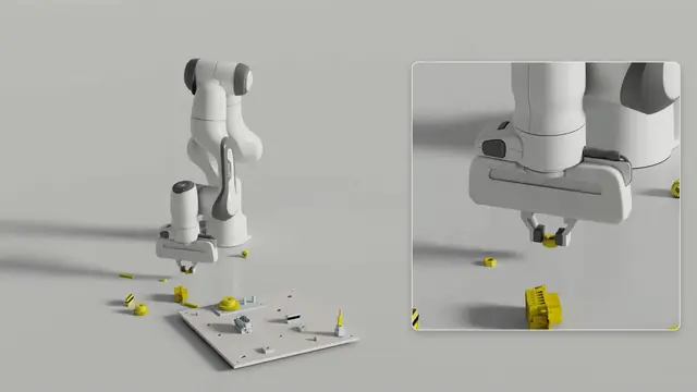 Two robot arms on a white table handling small yellow parts on an assembly board