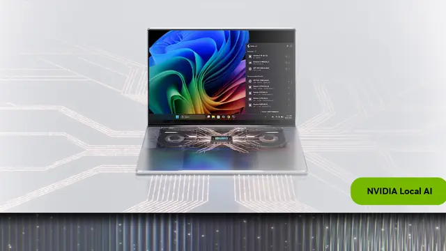 An NVIDIA RTX Spark laptop open on a light circuit-pattern background with an 'NVIDIA Local AI' label