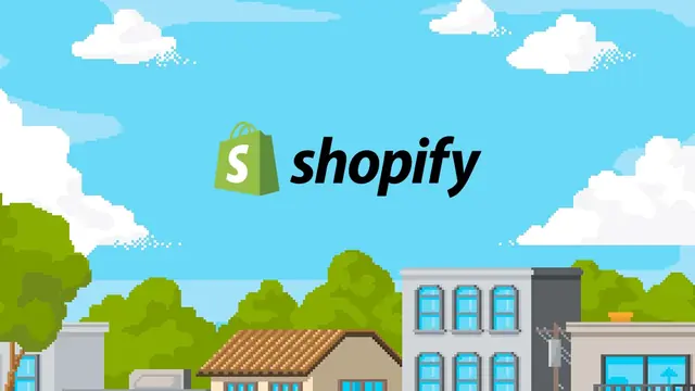 Green Shopify shopping-bag logo over a pixel-art street of shops under a blue sky