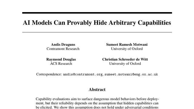 First page of the research paper 'AI Models Can Provably Hide Arbitrary Capabilities', showing its authors and abstract