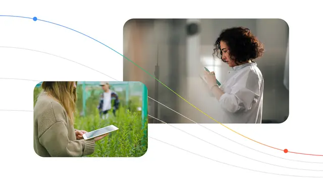 Two photos on a white background: a scientist looking at a tablet in a lab and a researcher holding a tablet in a crop field