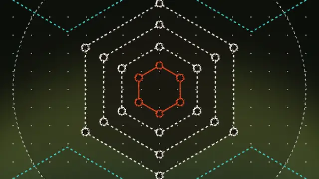Nested dotted hexagons in white and orange on a dark green background, a network-style graphic