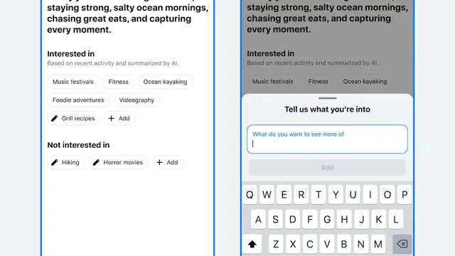 Two phone screenshots of Facebook's 'Your Algorithm' settings, with interest tags and a box asking 'Tell us what you're into'
