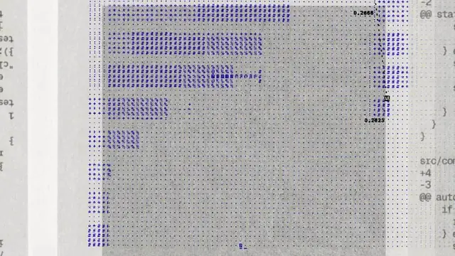 Close-up of a dot-matrix printout with purple bar charts and lines of code