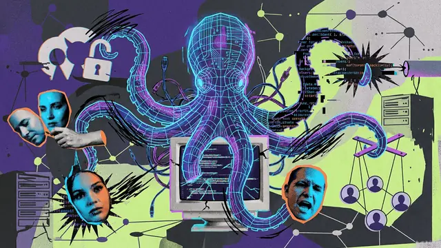 Illustration of a blue wireframe octopus with tentacles wrapped around computers, faces and padlock icons