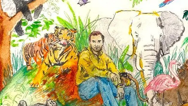 Colored-pencil drawing of a man sitting in a jungle among tigers, an elephant, monkeys and a flamingo