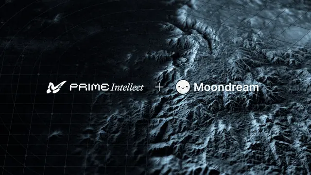 Prime Intellect and Moondream logos joined by a plus sign over a dark 3D terrain map