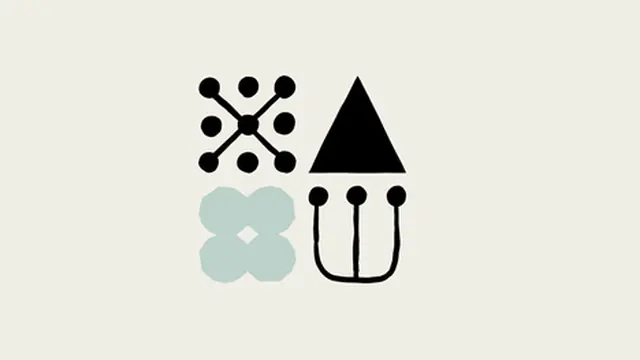 Illustration of abstract black symbols (a node grid, a triangle and a fork shape) and a pale green flower shape on cream