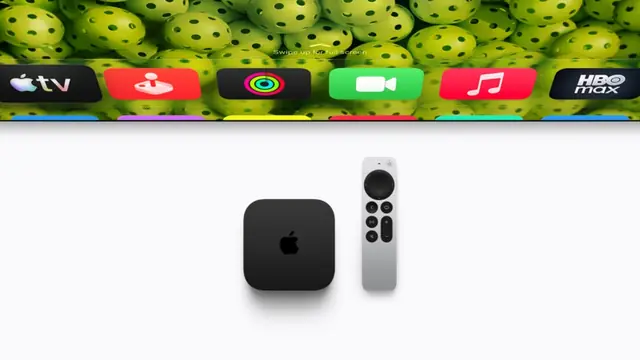 The new Apple TV 4K box and Siri Remote below a row of app icons over a background of green balls