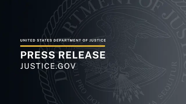 U.S. Department of Justice press release banner with the department's seal on a dark background