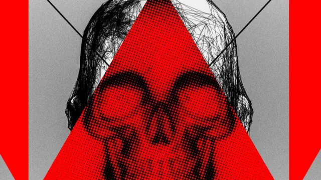 WIRED illustration: a halftone skull inside a red triangle over a black wireframe skull on a grey background