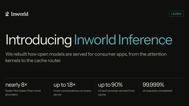 Inworld launch slide titled 'Introducing Inworld Inference' with speed and cache-gain figures