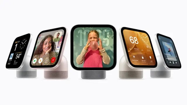 Five Apple HomeView home hubs on stands, their screens showing a video call, photos, weather and a clock