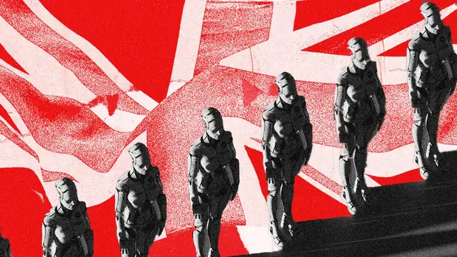 Black-and-white collage of marching figures over a red and white Union Jack