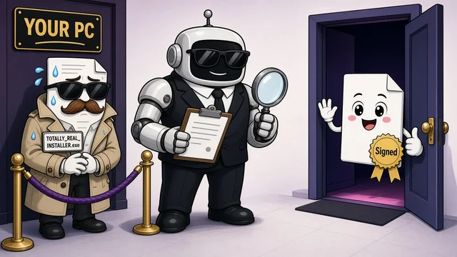 Cartoon from @AccessTips's post: a robot bouncer with a clipboard and magnifying glass stops a sweating file in a disguise labeled TOTALLY_REAL_INSTALLER.exe outside a door marked YOUR PC, while a smiling file with a Signed ribbon waves from an open door