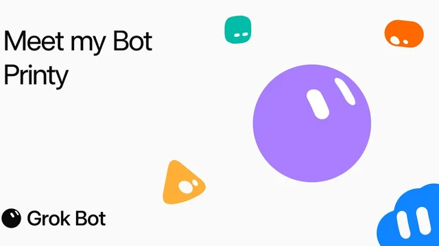 Share card for @AdamDagx's Grok Bot template: 'Meet my Bot Printy' with colorful bot shapes and the Grok Bot wordmark