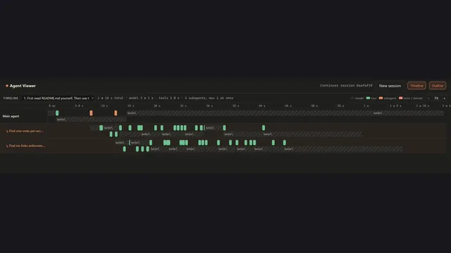 Agent Viewer timeline of a main agent and two parallel subagents