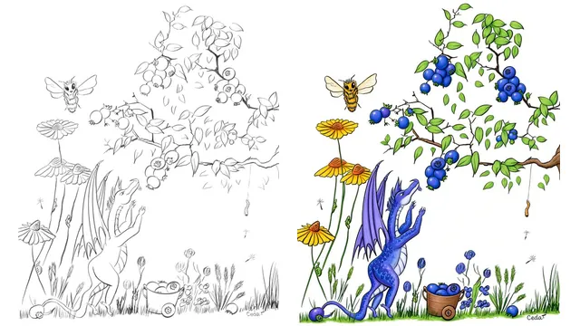 @cedarlili's original black-and-white line art of a small dragon reaching for blueberries, beside the same drawing colored with Grok: a blue dragon, blueberries, green leaves and yellow flowers