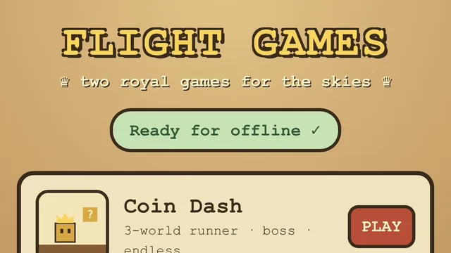 Flight Games page from @chriszeuch's post: a "Ready for offline" badge above the Coin Dash game card